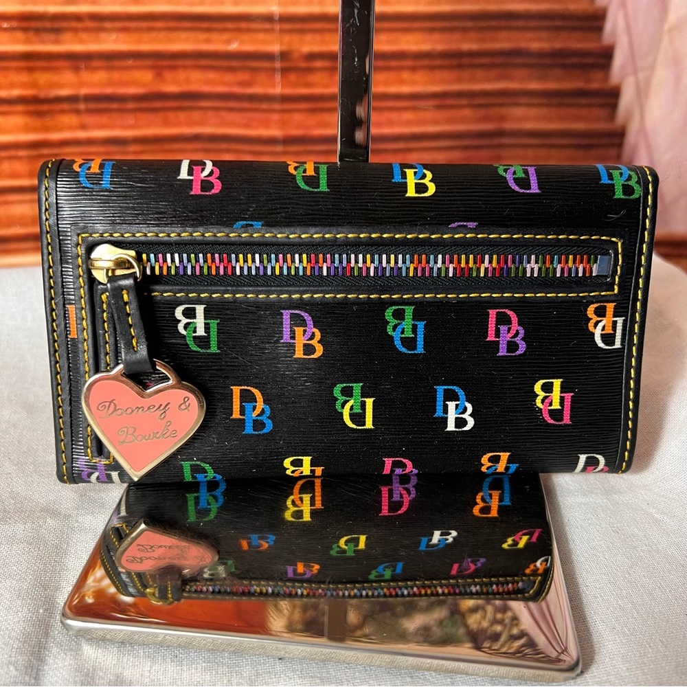 Dooney & Bourke Black Multicolor DB Logo Zip-Around Wallet with Heart Charm